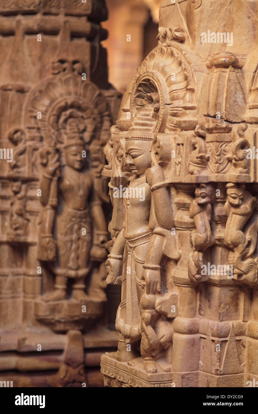 India, Rajasthan, Jaisalmer, Jaisalmer Fort, Jain Temple, Stone Carving detail Stock Photo