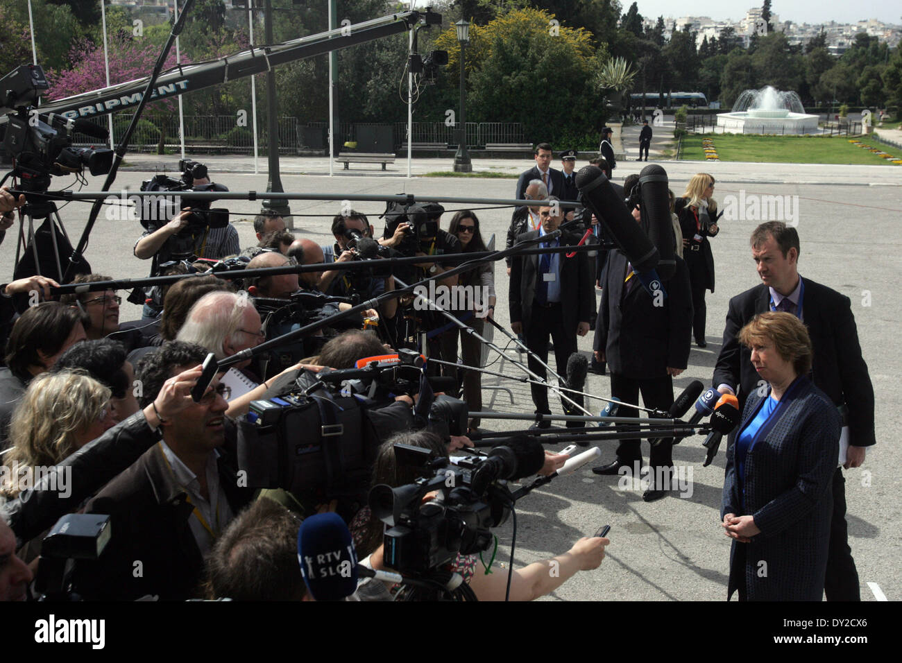 Athens, Greece. 4th Apr, 2014. Catherine Ashton (R front), the EU's High Representative for Foreign Affairs and Security Policy, arrives for the Informal Meeting of Foreign Affairs Ministers at the Zappeion Hall in Athens, capital of Greece, on April 4, 2014. © Marios Lolos/Xinhua/Alamy Live News Stock Photo