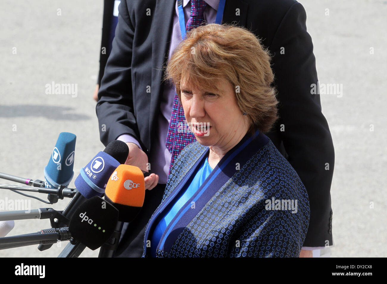 Athens, Greece. 4th Apr, 2014. Catherine Ashton, the EU's High Representative for Foreign Affairs and Security Policy, arrives for the Informal Meeting of Foreign Affairs Ministers at the Zappeion Hall in Athens, capital of Greece, on April 4, 2014. © Marios Lolos/Xinhua/Alamy Live News Stock Photo