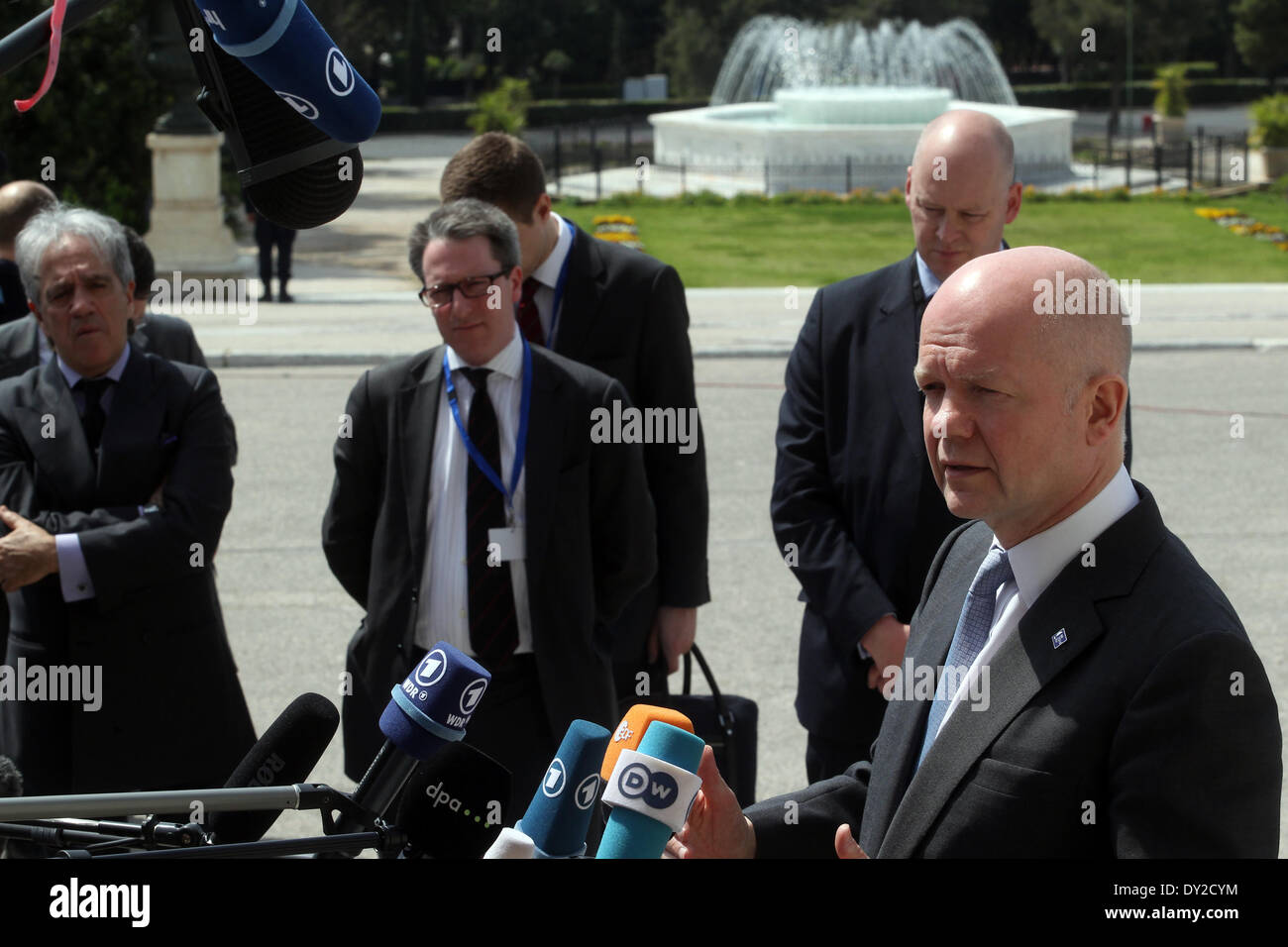 Athens, Greece. 4th Apr, 2014. Britain's Foreign Secretary William Hague speaks to the press as he arrives for the Informal Meeting of Foreign Affairs Ministers at the Zappeion Hall in Athens, capital of Greece, on April 4, 2014. © Marios Lolos/Xinhua/Alamy Live News Stock Photo