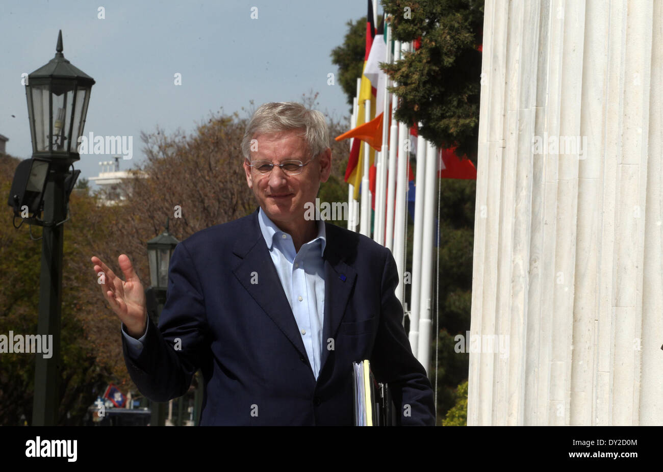 Athens, Greece. 4th Apr, 2014. Sweden's Foreign Minister Carl Bildt arrives for the Informal Meeting of Foreign Affairs Ministers at the Zappeion Hall in Athens, capital of Greece, on April 4, 2014. © Marios Lolos/Xinhua/Alamy Live News Stock Photo