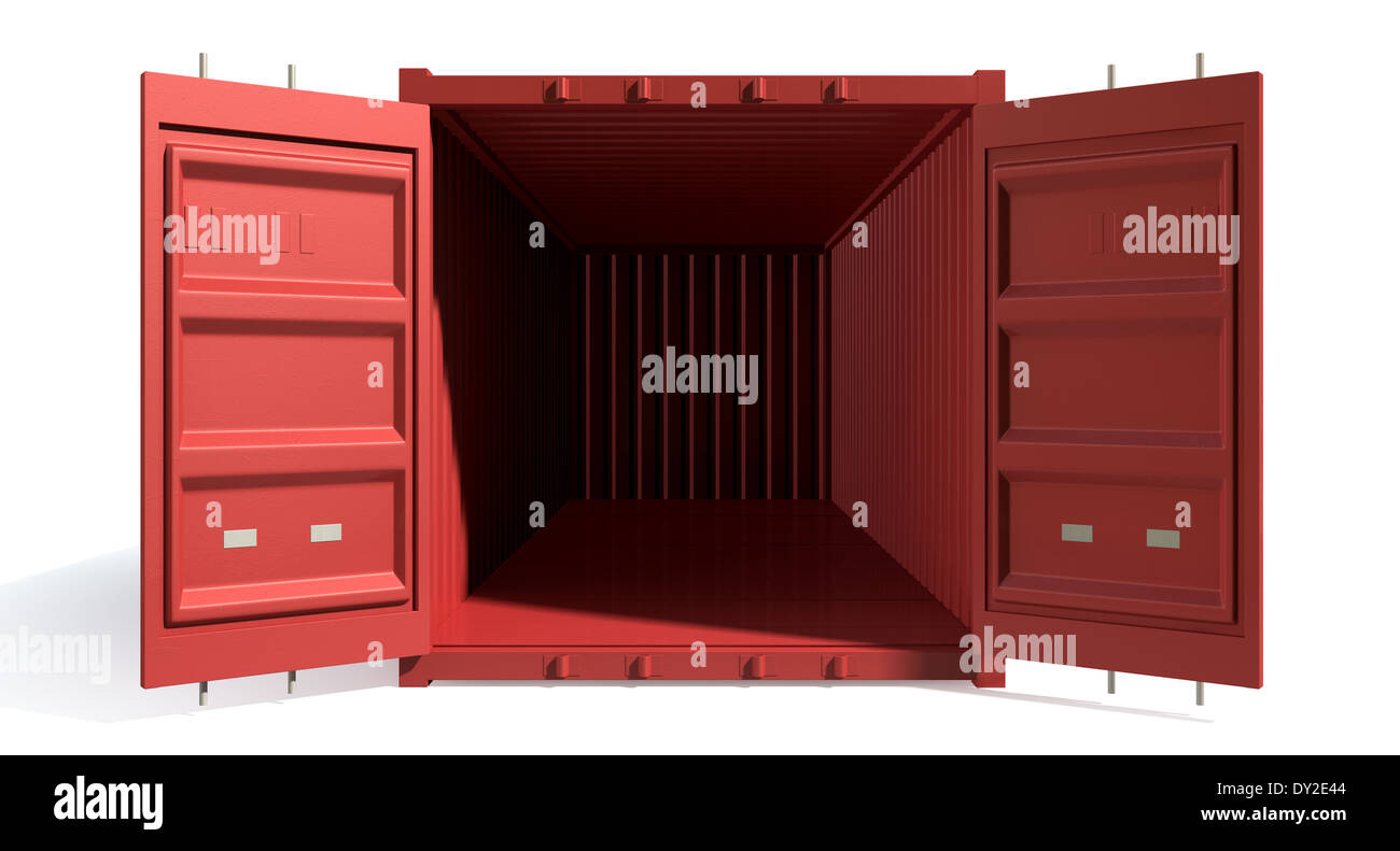 A render of a red shipping container with open doors and empty inside ...