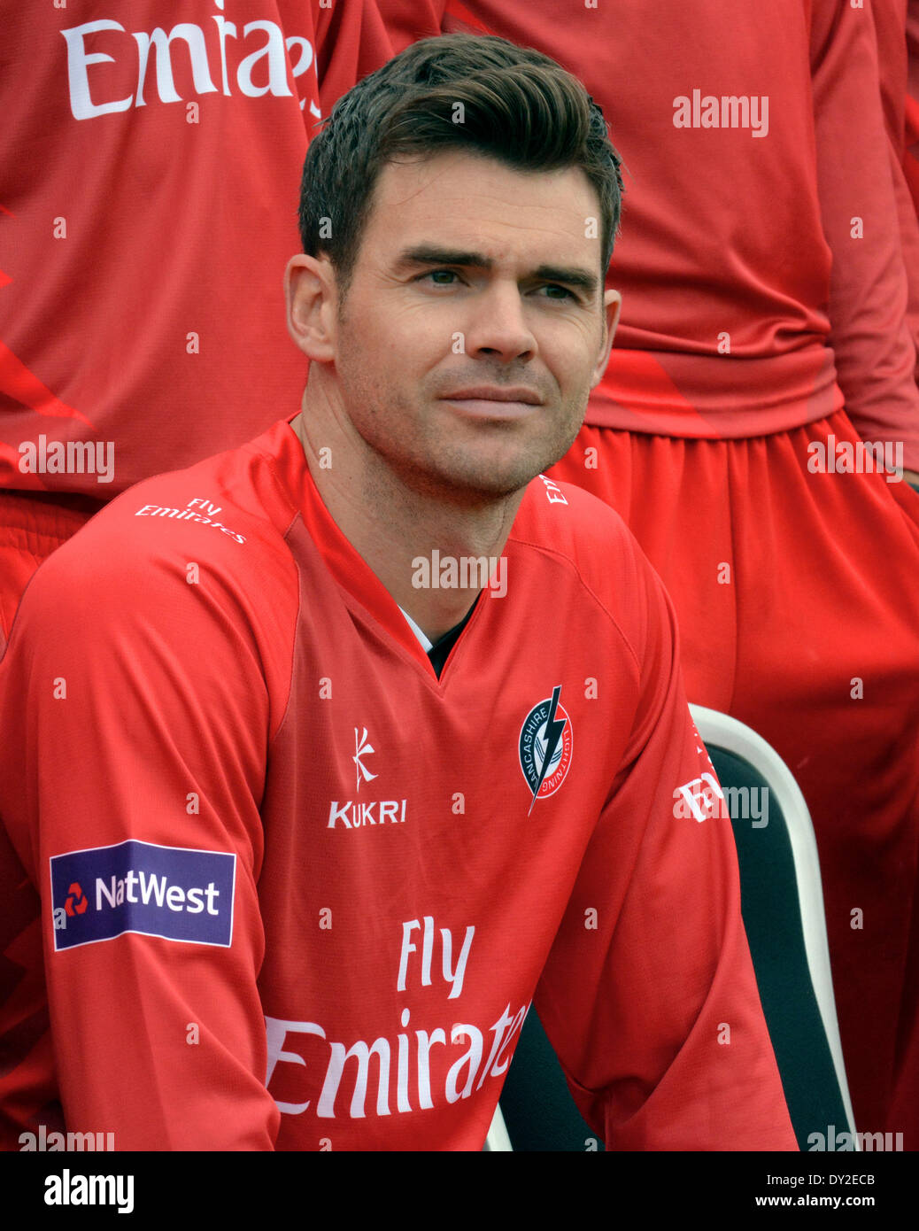 Lancashire County Cricket Club Press Day,  Manchester, UK  4th April 2014  James Anderson, Lancashire and England fast bowler waits for the pre-season photocall. Credit:  John Fryer/Alamy Live News Stock Photo