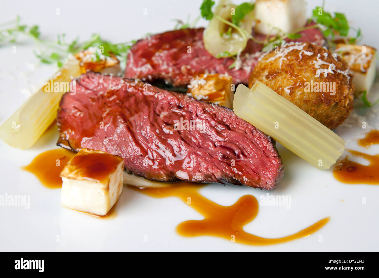 Beautifully presented restaurant quality rare steak Stock Photo