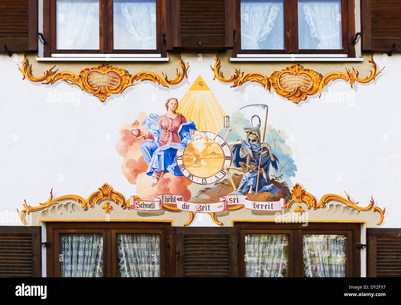 Mural 'Time goes quickly, be ready', Oberammergau, Bavaria, Germany. Stock Photo
