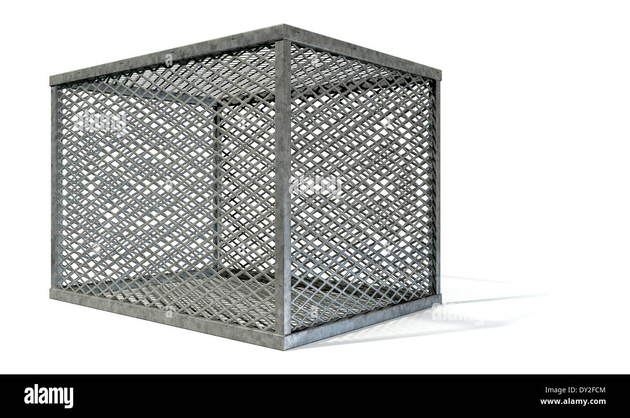A rectangular steel cage covered in diamond mesh wiring on an isolated white background Stock Photo