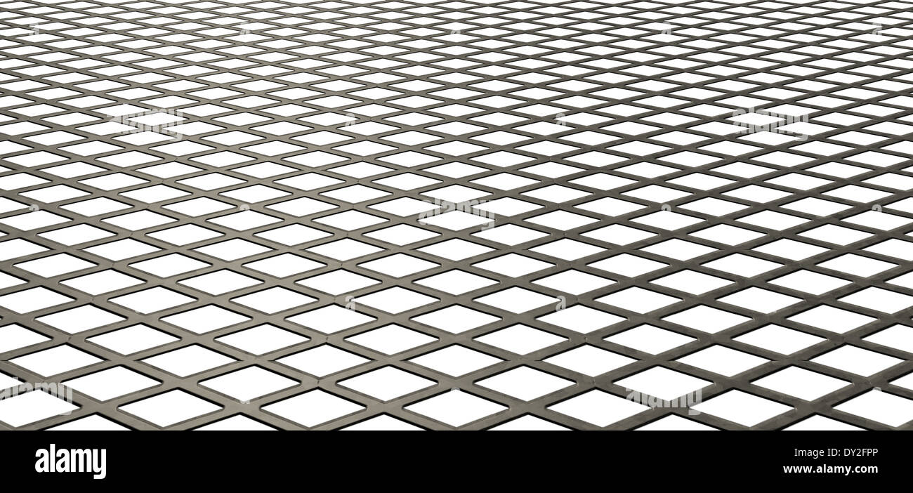 A flat texture of metal galvanised diamond mesh on an isolated white background Stock Photo
