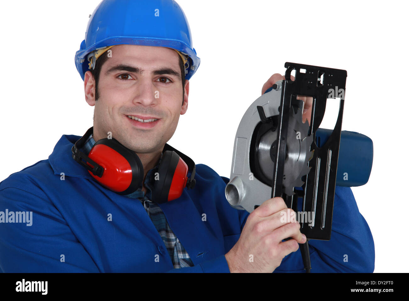A manual worker with a circular saw Stock Photo Alamy