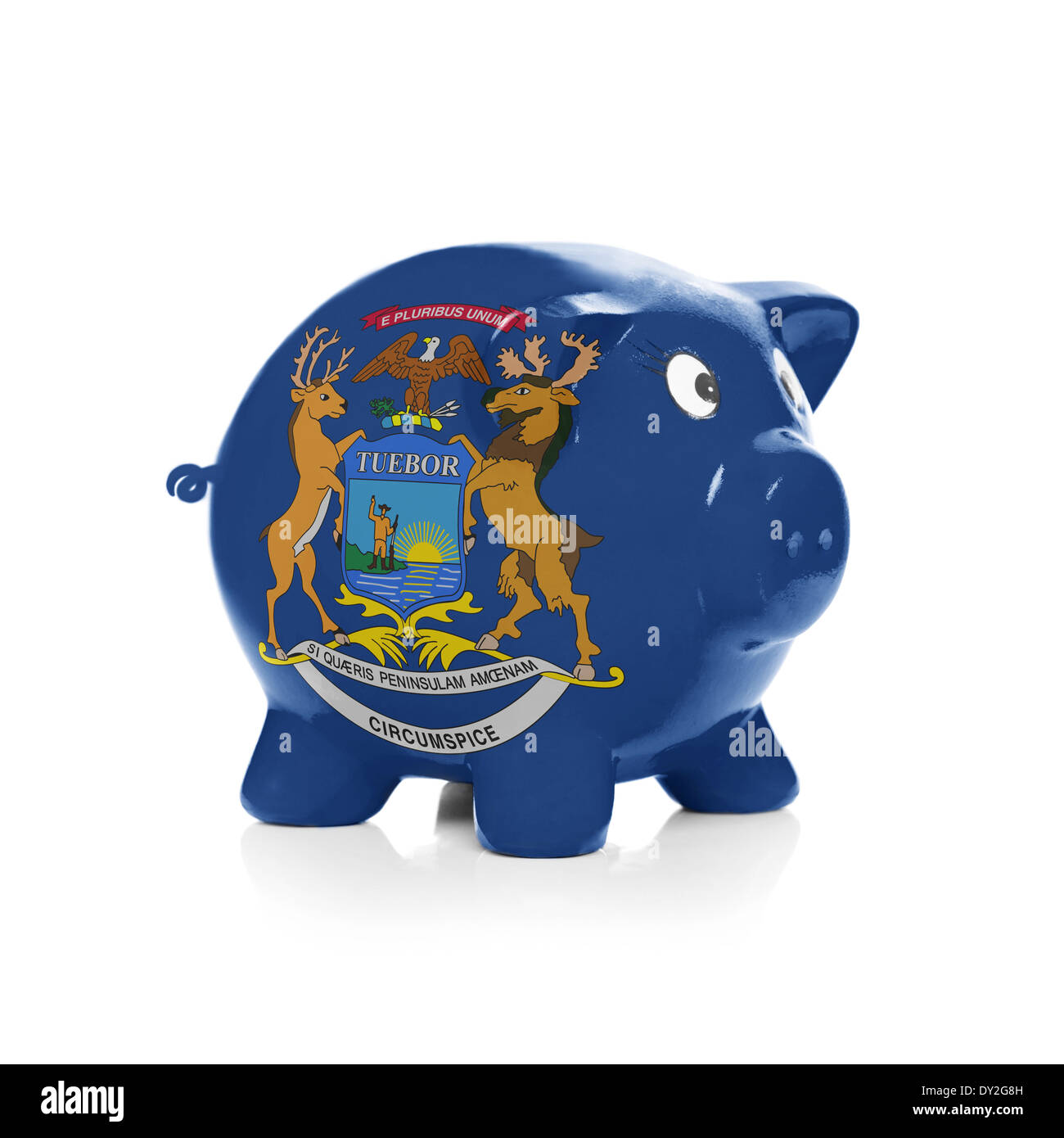 Green piggy bank with dollars sticking out - isolated on white ...