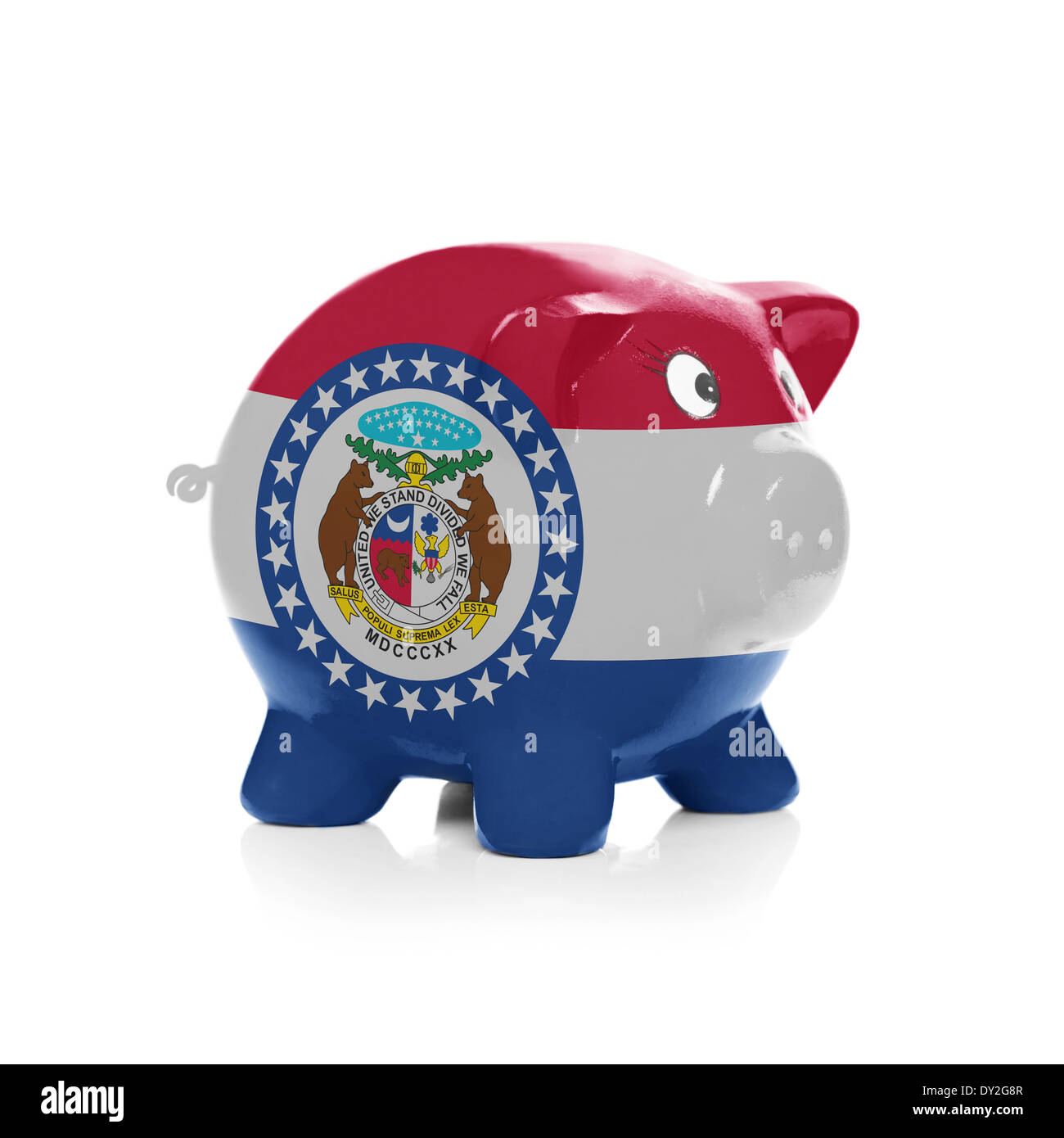 Green piggy bank with dollars sticking out isolated on white