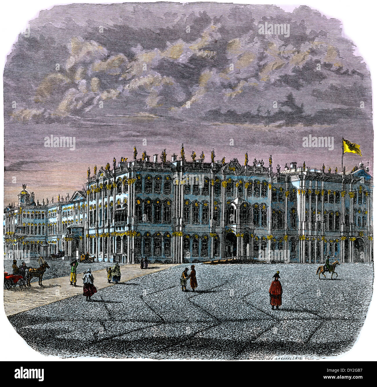 The Winter Palace, St Petersburg, Russia, 1880s. Hand-colored woodcut Stock Photo