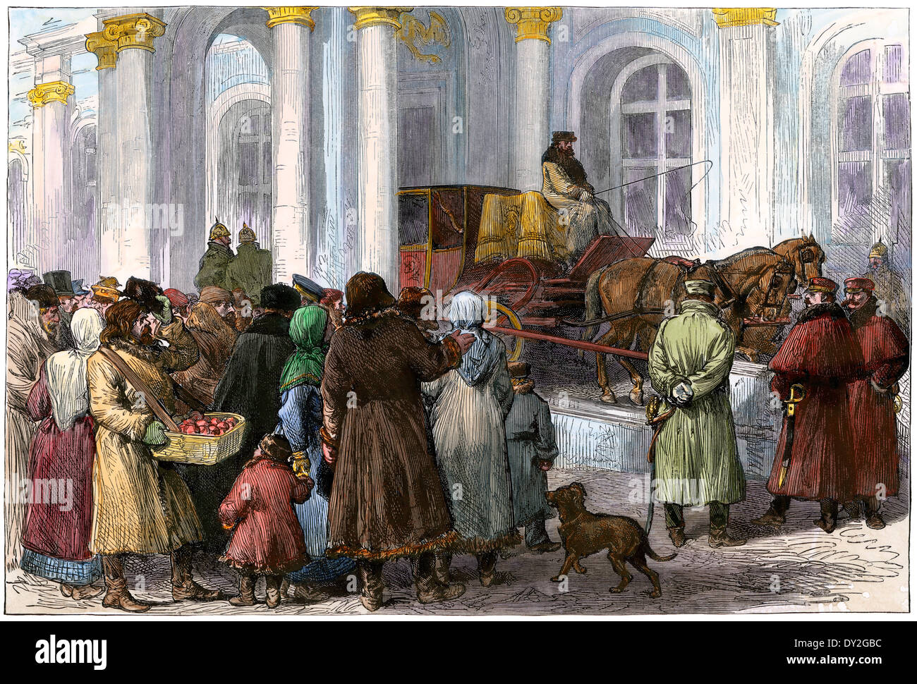Citizens at the entrance to the Winter Palace, St Petersburg, Russia, 1881. Hand-colored woodcut Stock Photo