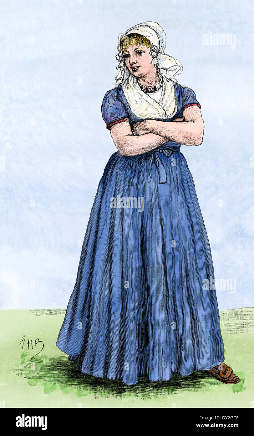 Young Dutch woman in traditional dress. Digitally colored woodcut Stock Photo