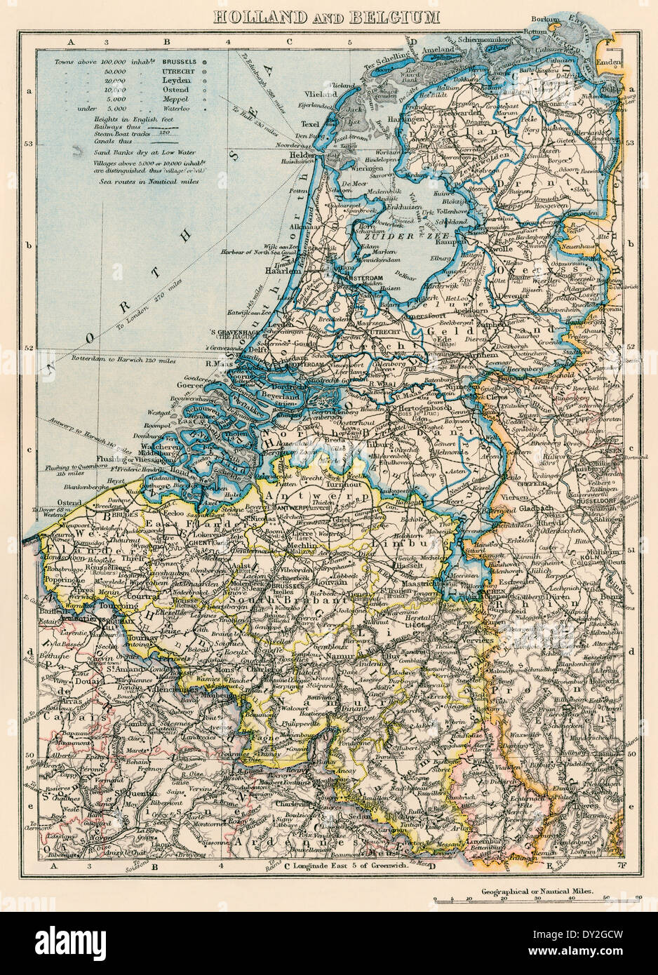 Map of The Netherlands and Belgium, 1870s. Printed color lithograph Stock Photo