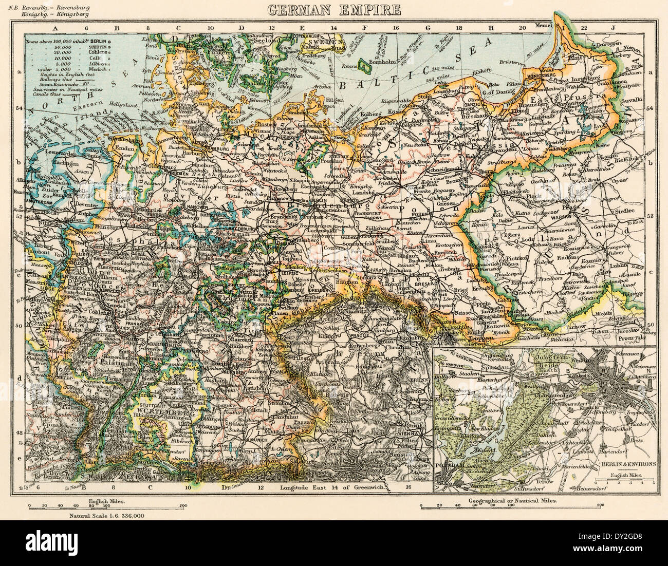 Map of the German Empire, late 1800s. Printed color lithograph Stock Photo