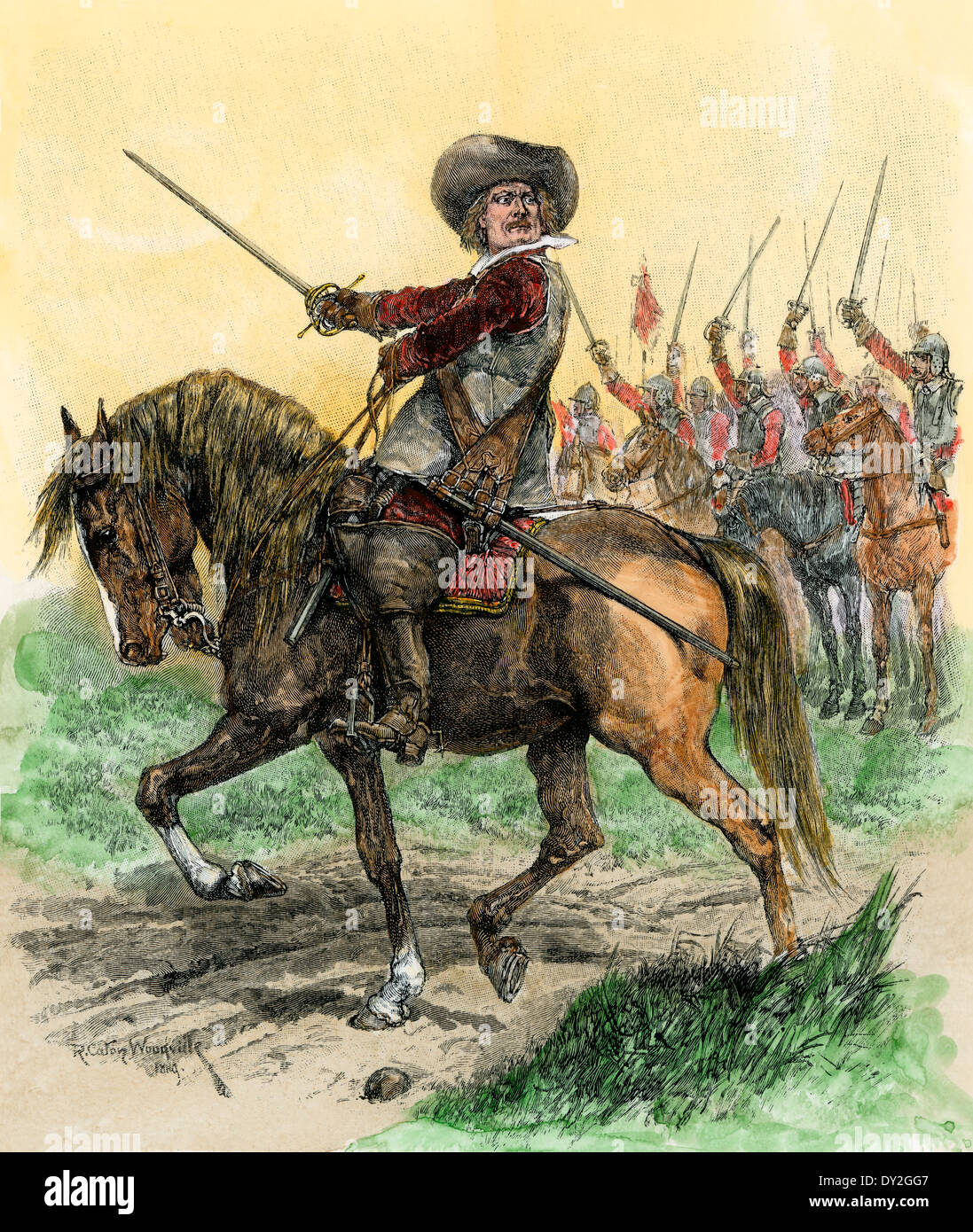 Cromwell leading troops at the Battle of Marston Moor, English Civil War, 1644. Hand-colored woodcut
