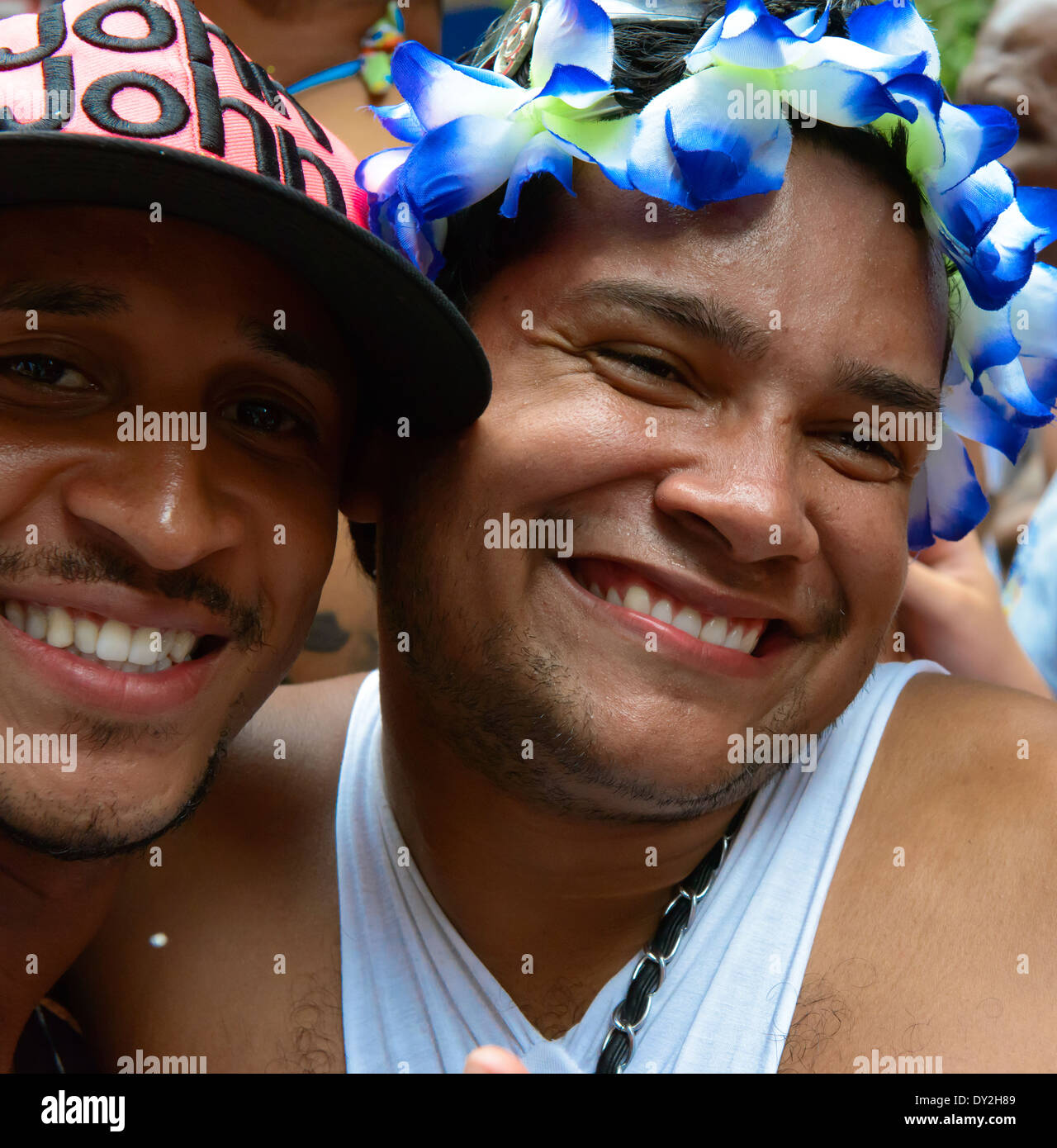Closeup of two smiling men posing, street party, Rio Carnival, Brazil Stock Photo