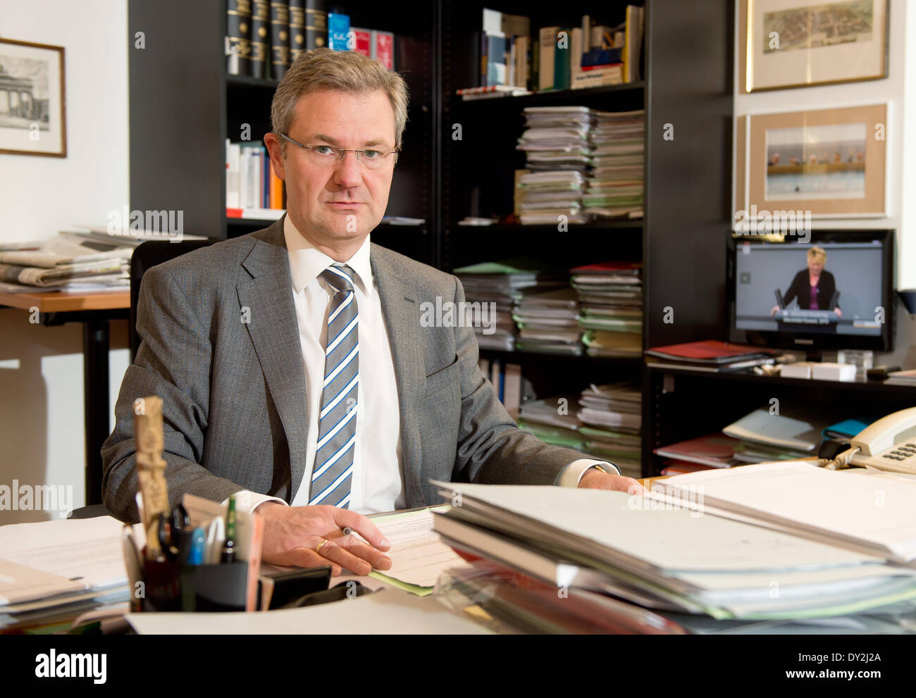 Kay Scheller, the long-standing director of the CDU/CSU parliamentary group, sits in his office in the German Bundestag in Berlin, Germany, 04 April 2014. Scheller will become the new president of the Federal Audit Office (BRH). Photo: Tim Brakemeier/dpa Stock Photo