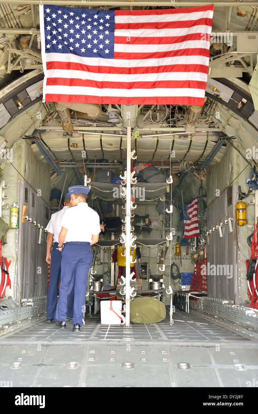 The national flag of the United States of America inside an C-130J Hercules aircraft. Stock Photo