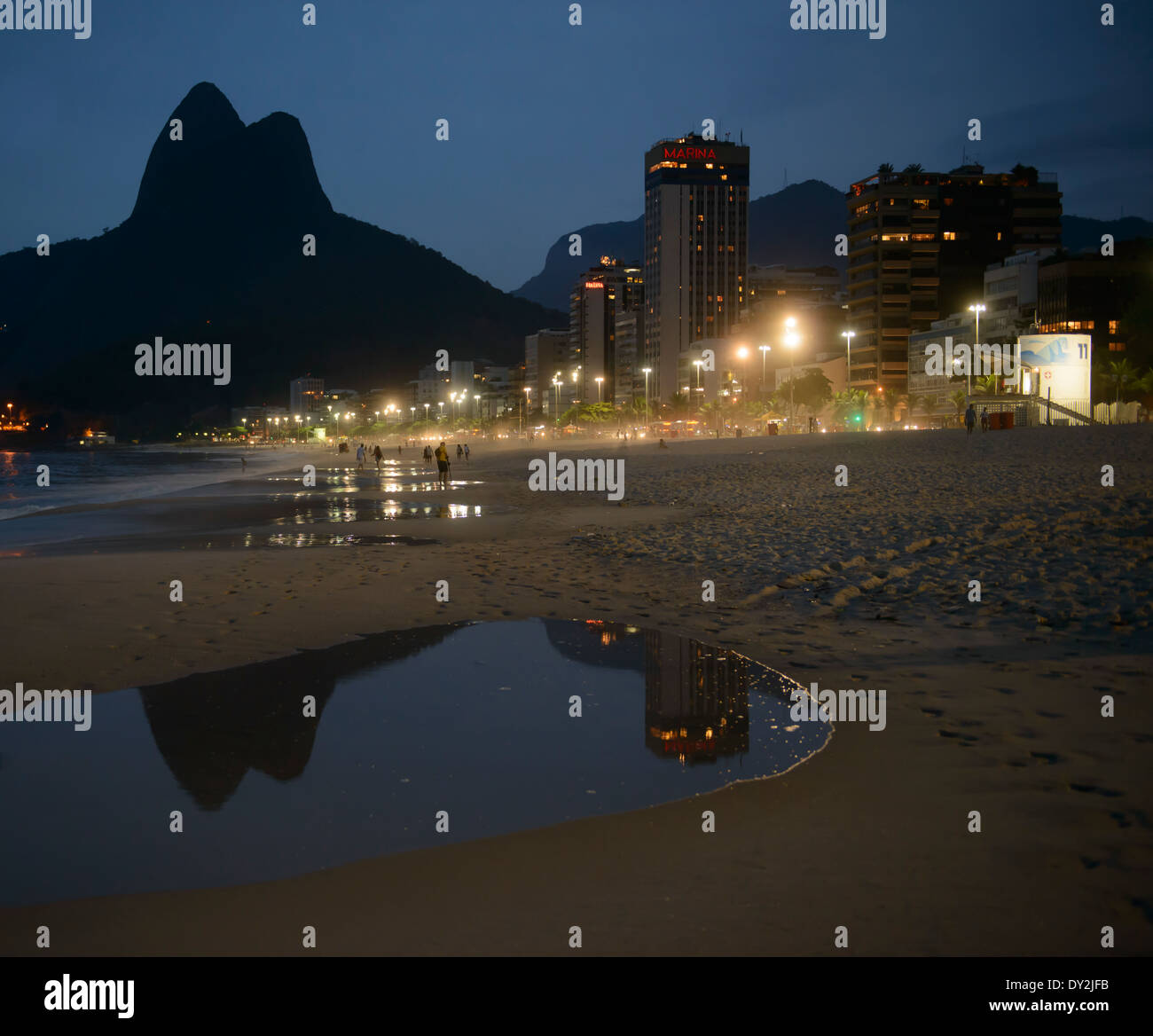 View towards Leblon from Ipanema beach with hotels and apartment blocks on seafront, Rio de Janeiro, Brazil Stock Photo