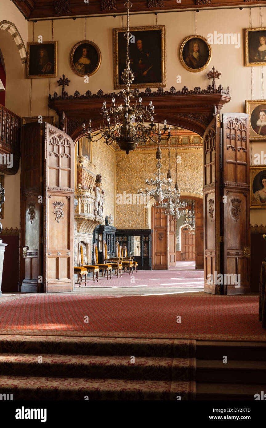 View Through Hallway At Carlton Towers With Wood Panelled Folding Doors And Chandeliers Stock Photo Alamy