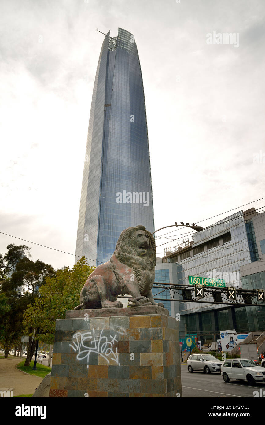 Gran Torre Santiago (Grand Santiago Tower), bottom view whit lion, Santiago, Chile. Tallest building in South America Stock Photo