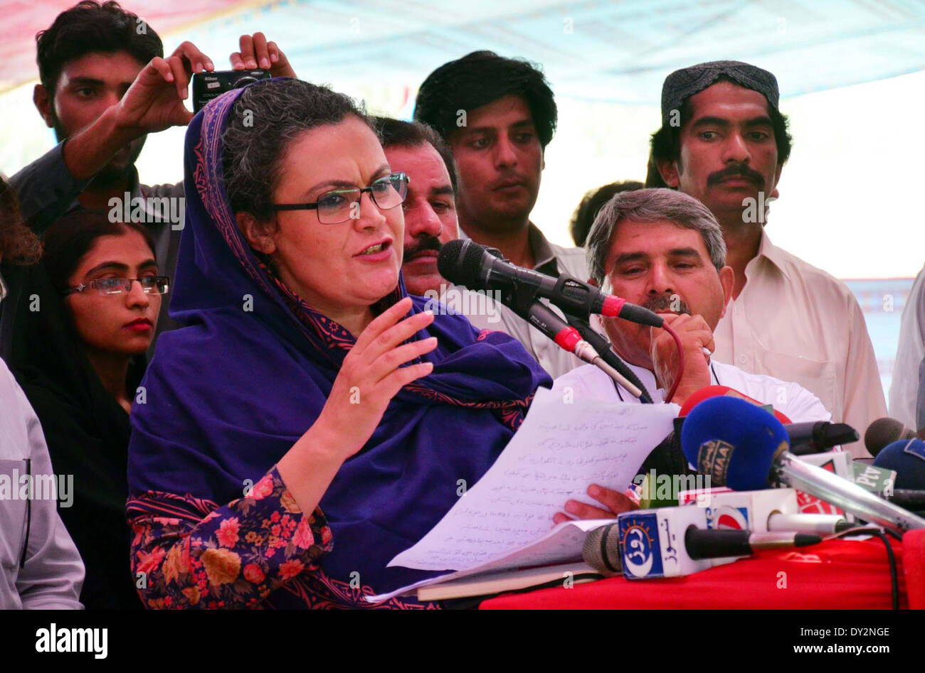 Chairperson Peoples Party (SB) Ghinwa Bhutto addresses to public gathering on the occasion of 35th death anniversary of Zulfiqar Ali Butto, held in Garhi Khuda Bux on Friday, April 04, 2014. The 35th death anniversary of Pakistan People Party (PPP) founder late, Zulfiqar Ali Bhutto is being observed by devotees of Z.A Bhutto huge gathering to be held at Garhi Khuda Bux town in Larkana, with a pledge to continue Bhutto’s mission and strengthen the democratic norms in the country. Credit:  Asianet-Pakistan/Alamy Live News Stock Photo