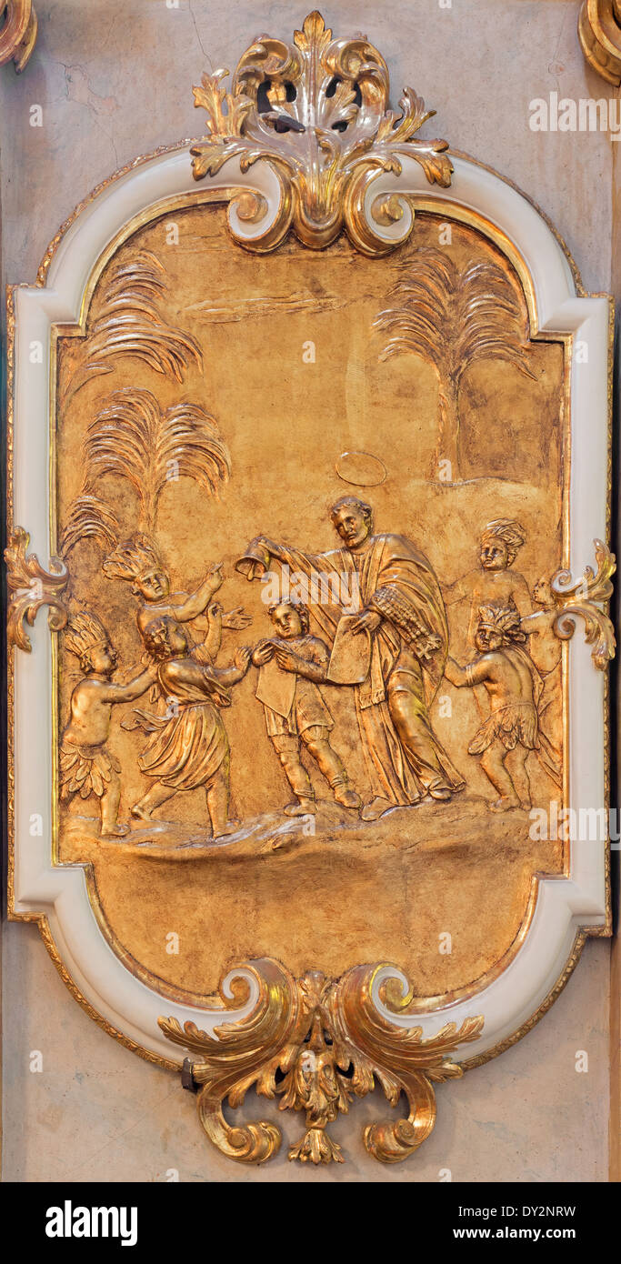 VIENNA, AUSTRIA - FEBRUARY 17, 2014: Relief from baroque side chapel of st. Francis Xavier in baroque st. Annes church. Stock Photo