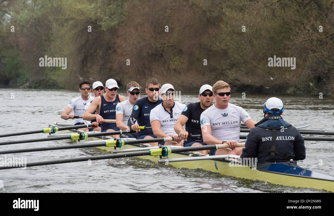 River Thames, London, UK. 03rd Apr, 2014. Practice Outing by Oxford University Boat Club Blue boat in preparation for the Universities Boat Race on Sunday 6 April 2014. OUBC Blue Boat crew (Dark Blue tops):- Bow: Storm UrU, 2: Tom Watson, 3 Karl Hudspith, 4 Thomas Swartz, 5 Malcolm Howard, 6 Michael Di Santo, 7, Sam O'Connor, Stroke: Constantine Louloudis, Cox: Laurence Harvey, Chief Coach: Sean Bowden. © Action Plus Sports/Alamy Live News Stock Photo