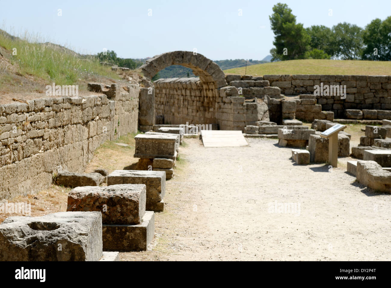 Stone bases Zanes leading to Olympic stadium entrance Ancient Olympia Peloponnese Greece Zanes