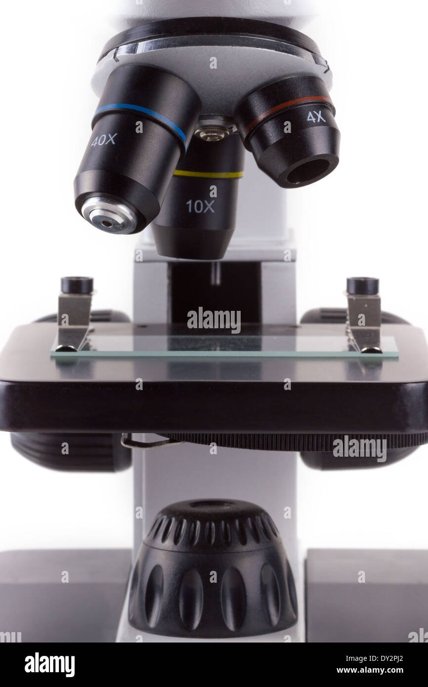 Microscope close isolated on the white background Stock Photo
