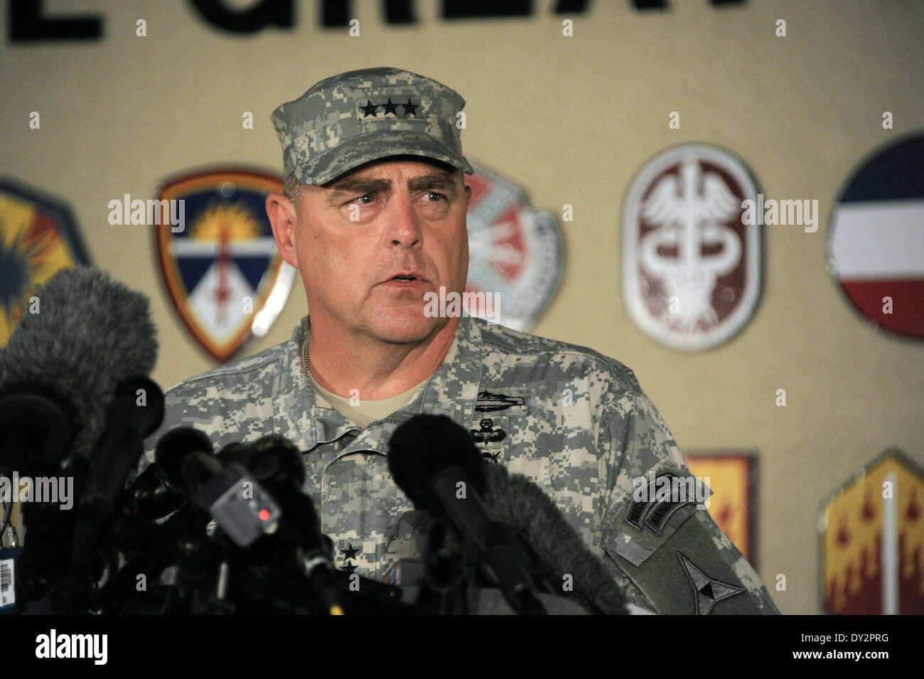 US Army Lt. Gen. Mark Milley holds a media briefing on the shooting that killed three people April 2, 2014 in Fort Hood, Texas. Stock Photo