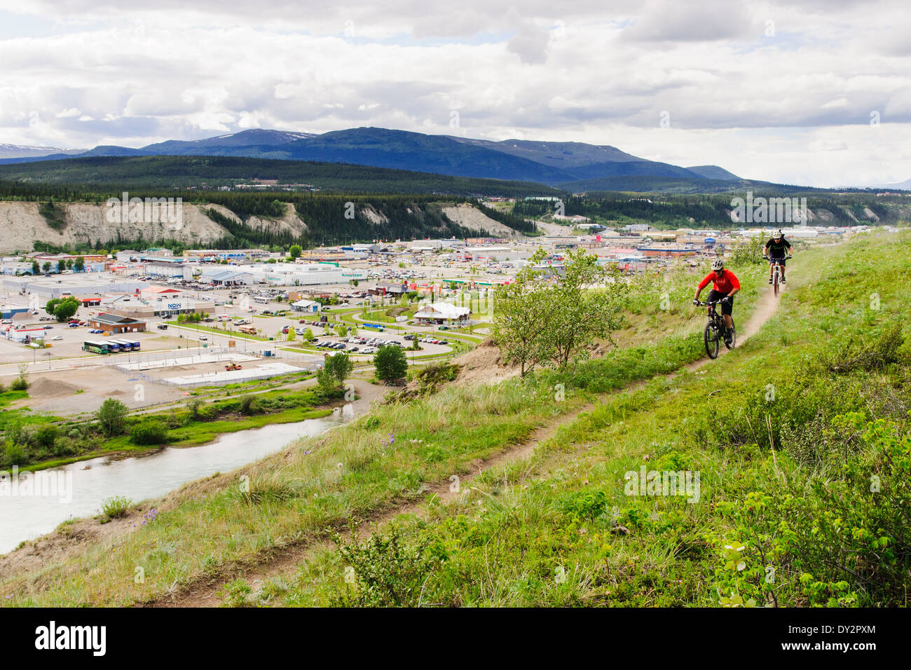 Two mountain bikers riding a trail in Whitehorse, Yukon Territory, Canada Stock Photo