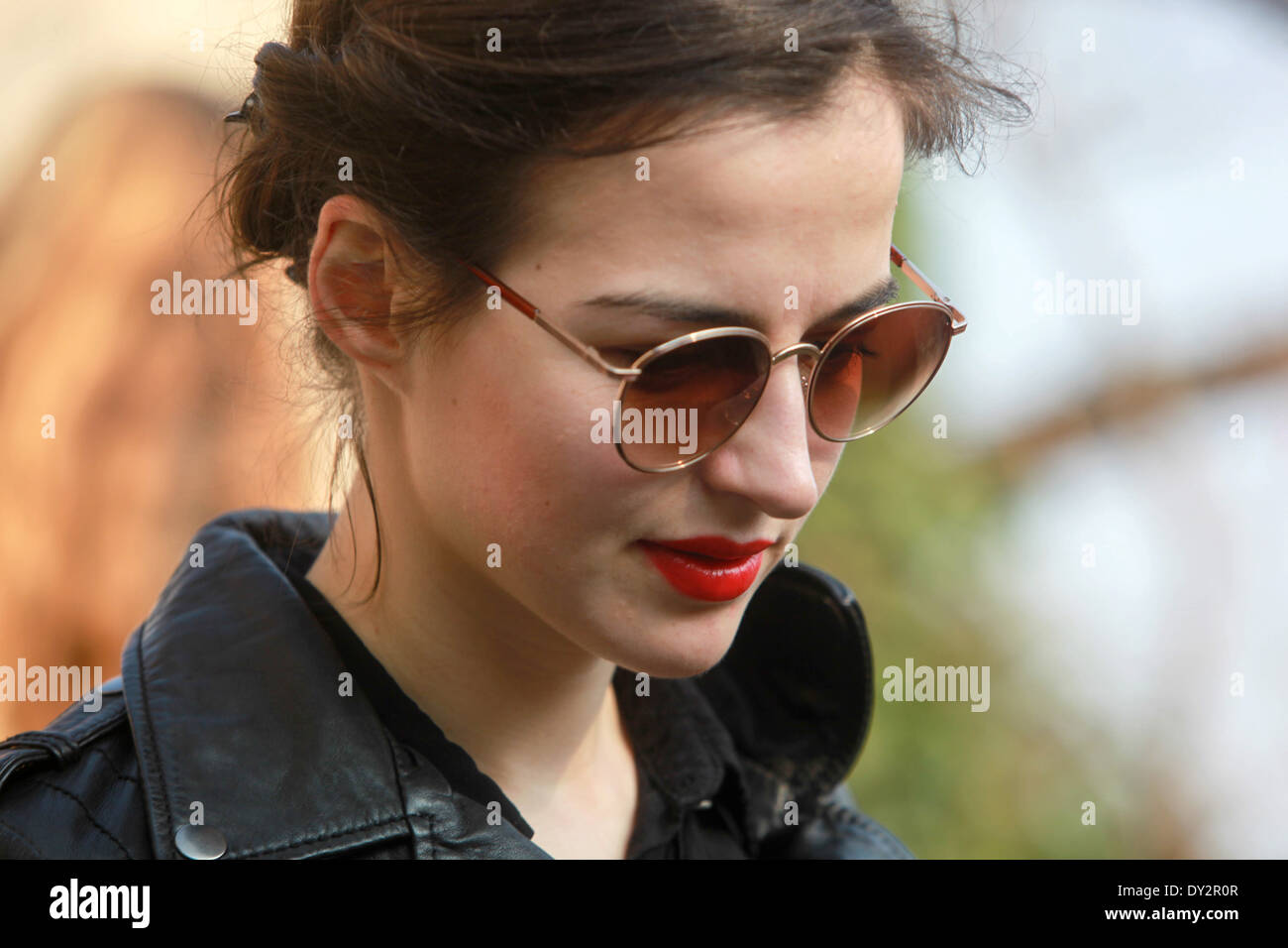 Young woman sunglasses and red lipstick Tourist, Prague Czech Republic Stock Photo