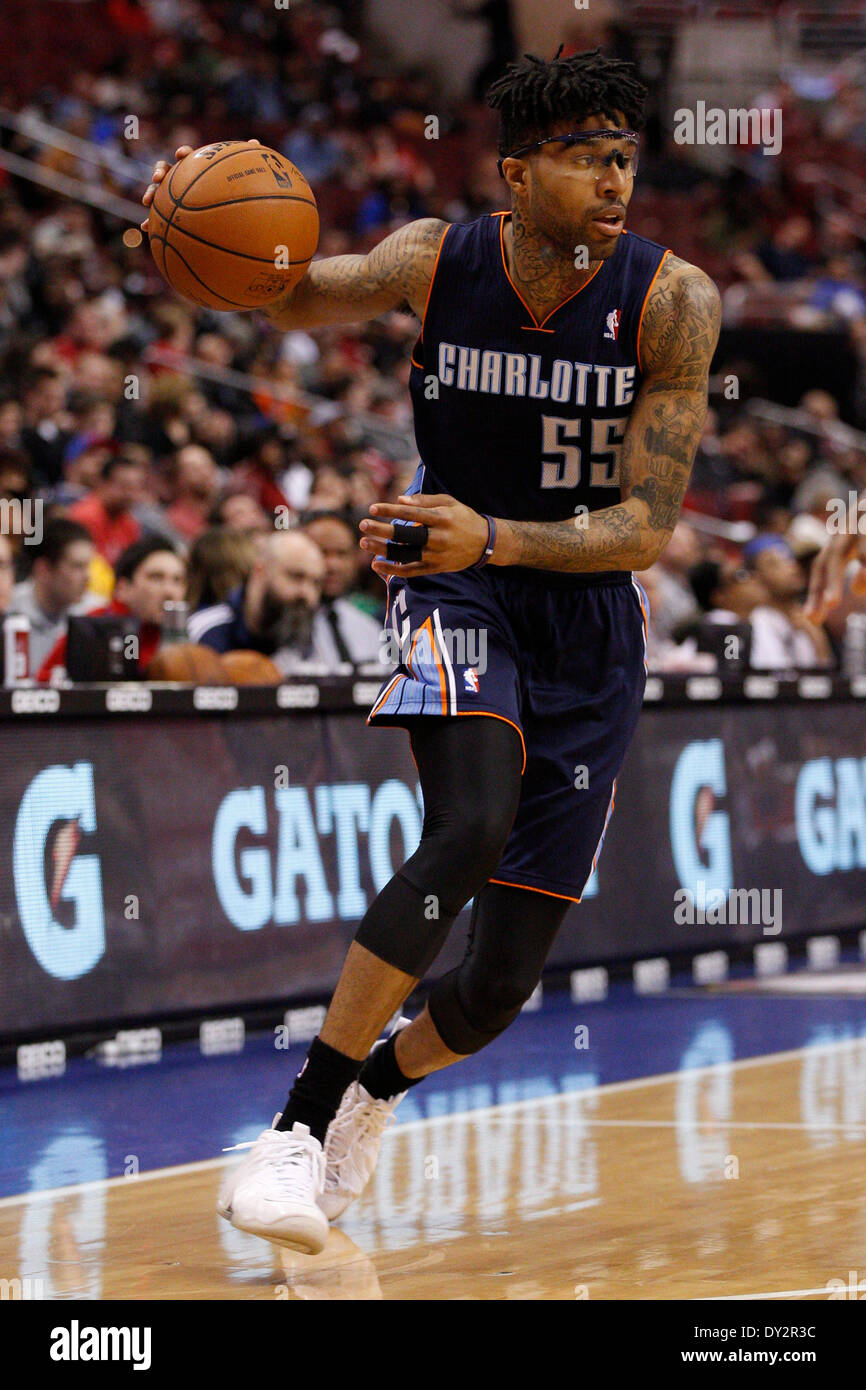 April 2, 2014: Charlotte Bobcats guard Chris Douglas-Roberts (55) in action during the NBA game between the Charlotte Bobcats and the Philadelphia 76ers at the Wells Fargo Center in Philadelphia, Pennsylvania. The Bobcats won 123-93. Christopher Szagola/Cal Sport Media Stock Photo