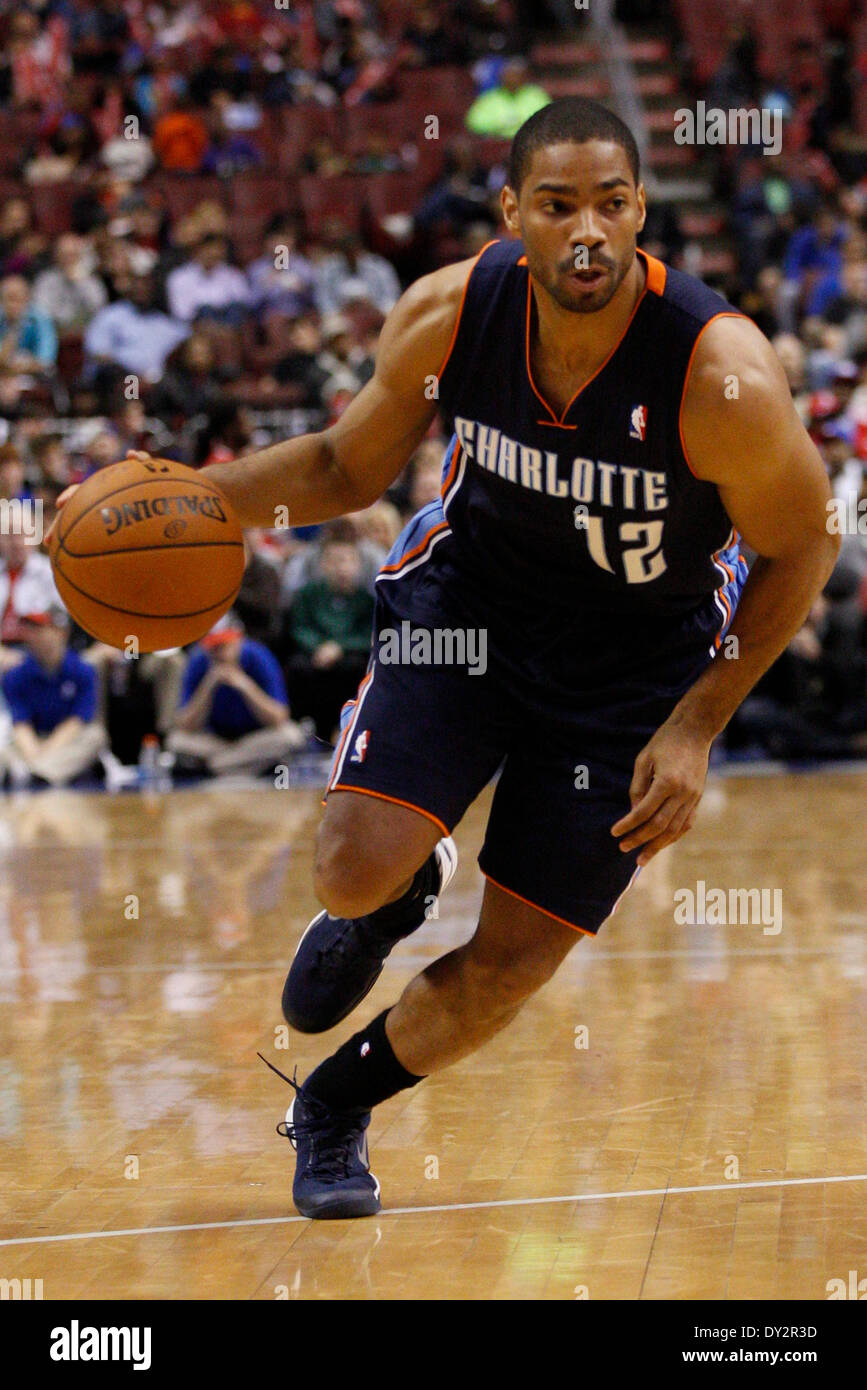 April 2, 2014: Charlotte Bobcats guard Gary Neal (12) in action during the NBA game between the Charlotte Bobcats and the Philadelphia 76ers at the Wells Fargo Center in Philadelphia, Pennsylvania. The Bobcats won 123-93. Christopher Szagola/Cal Sport Media Stock Photo