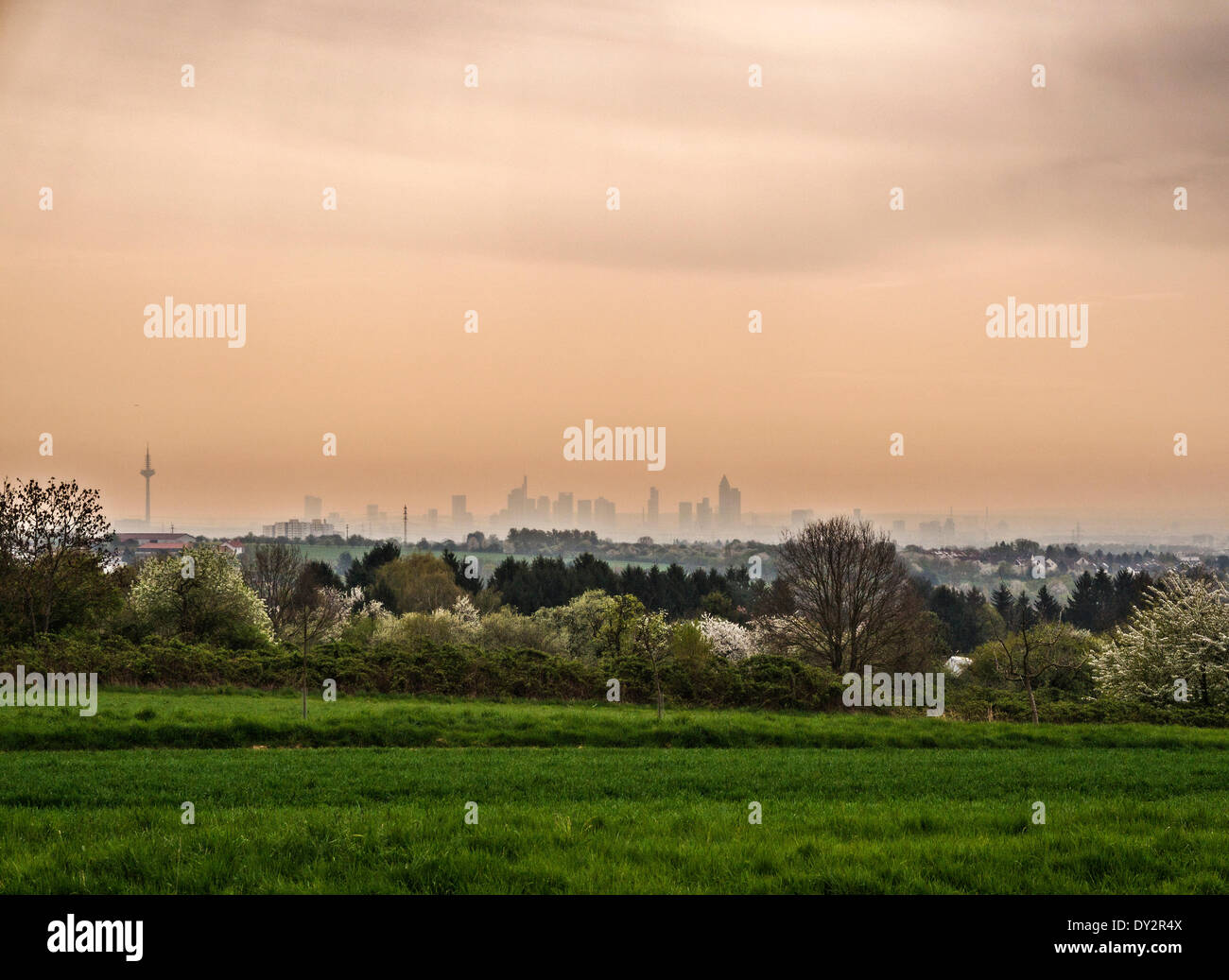 Silhouette of the Frankfurt skyline in the distance. April 2014. Stock Photo