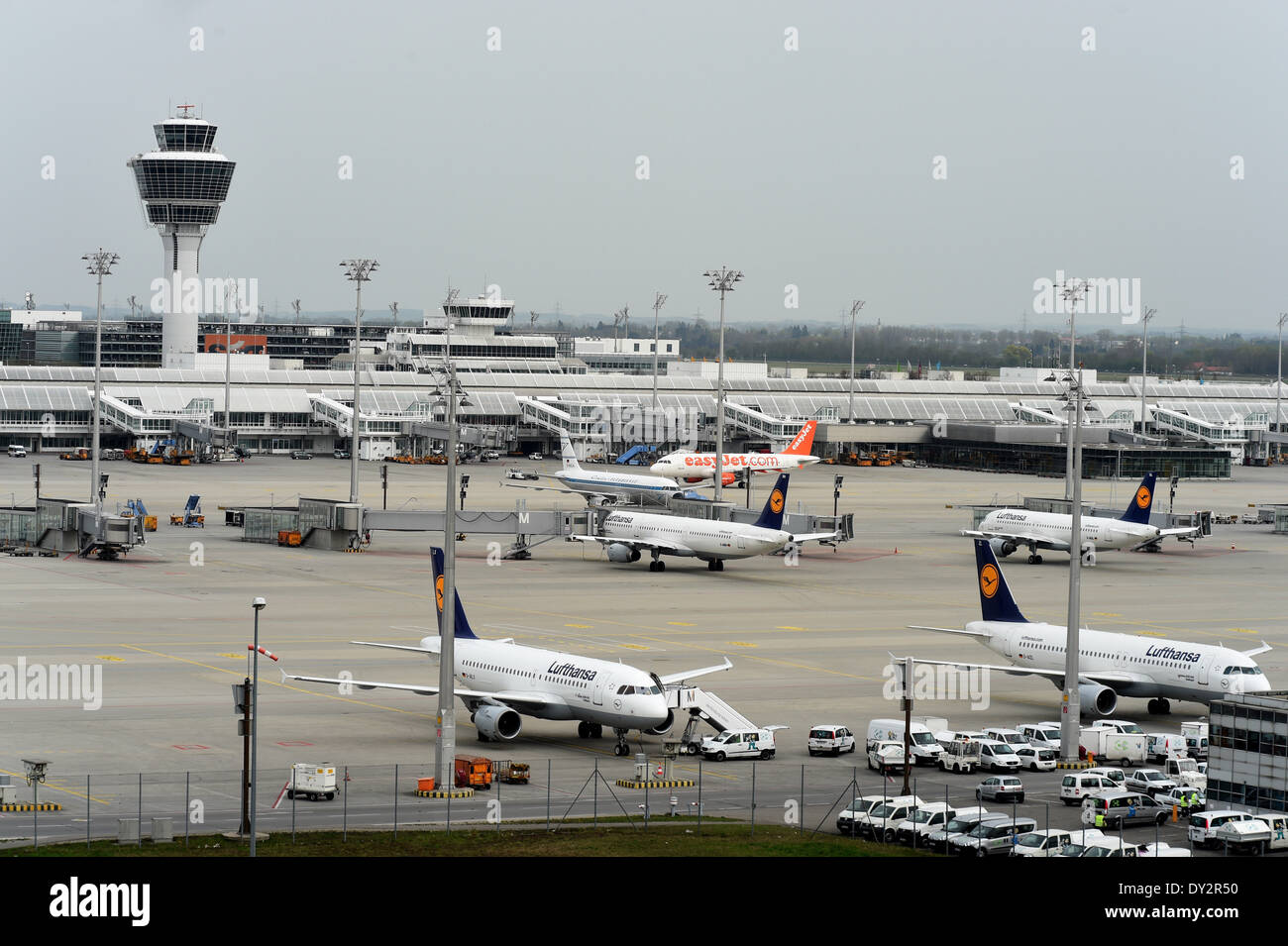 Franz-Josef-Strauß Airport in Munich ( Germany, Bavaria ) during the strike of the Lufthansa pilots on 3 April 2014. Around 3800 flights had been canceled. Stock Photo