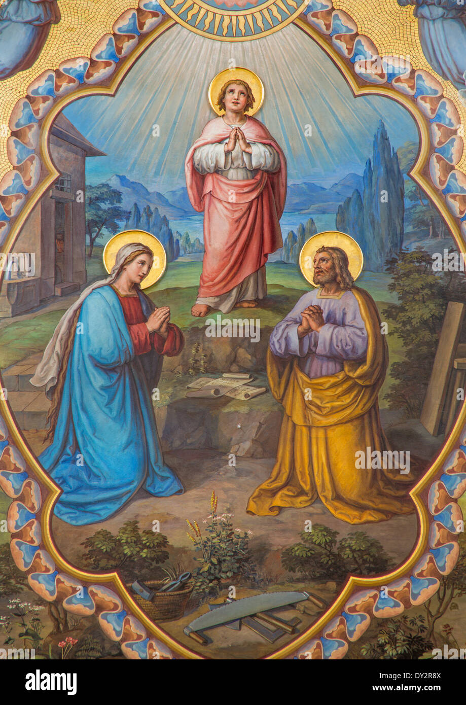 VIENNA, AUSTRIA - FEBRUARY 17, 2014: Holy Family. Detail of Big fresco from presbytery of Carmelites church Stock Photo