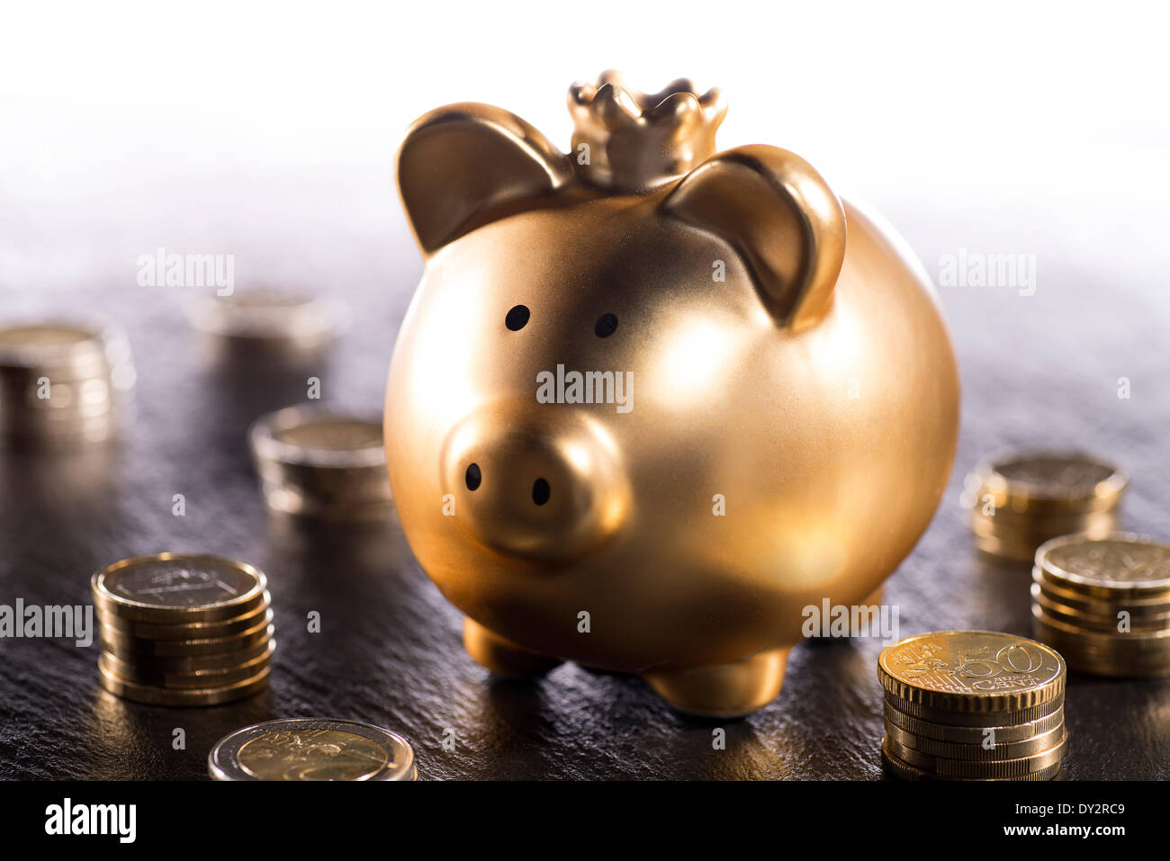 Golden piggy bank with crown is surrounded by coins. March 2014 Stock Photo