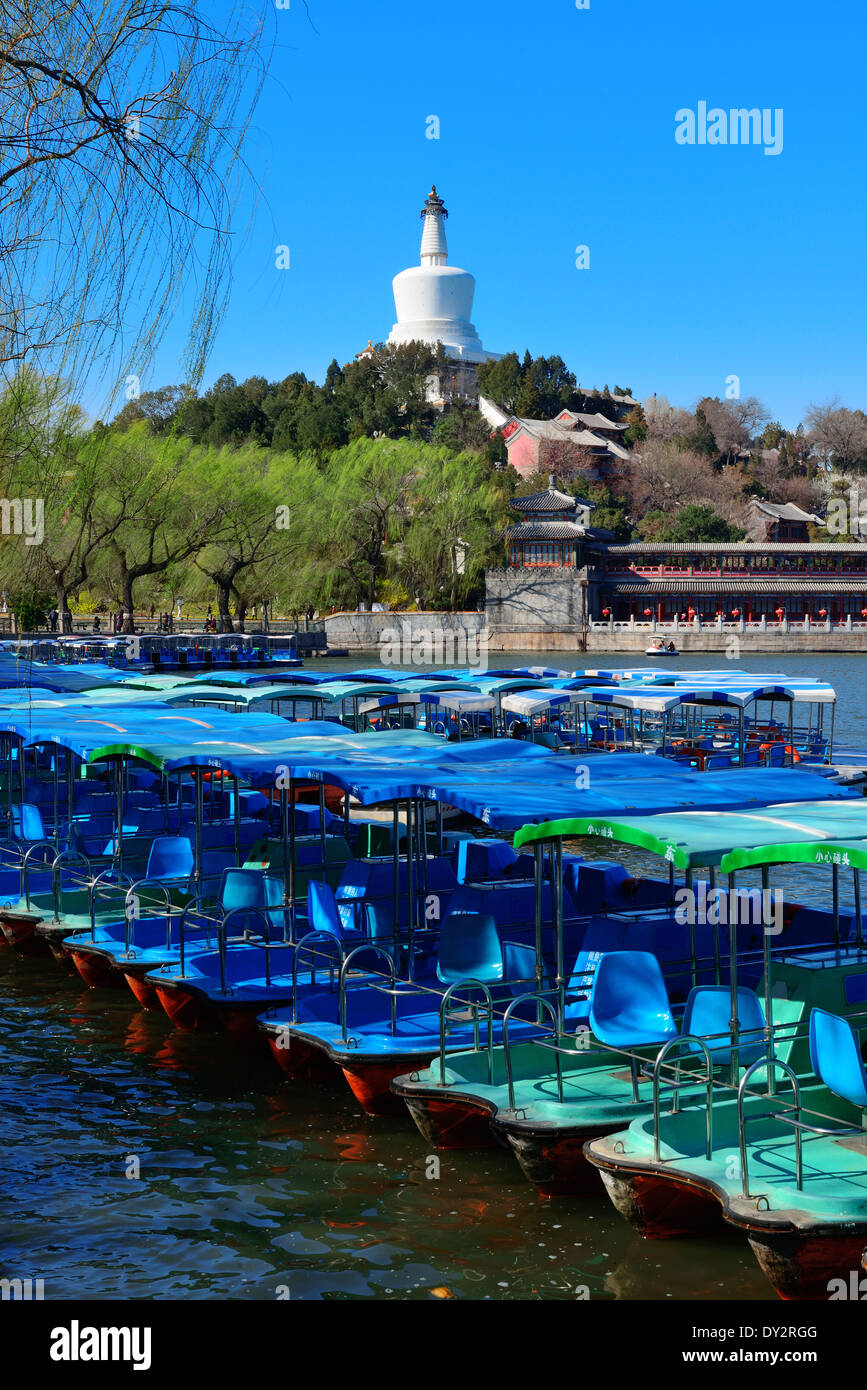 Beihai Park view with blue sky, lake and boat in Beijing. Stock Photo