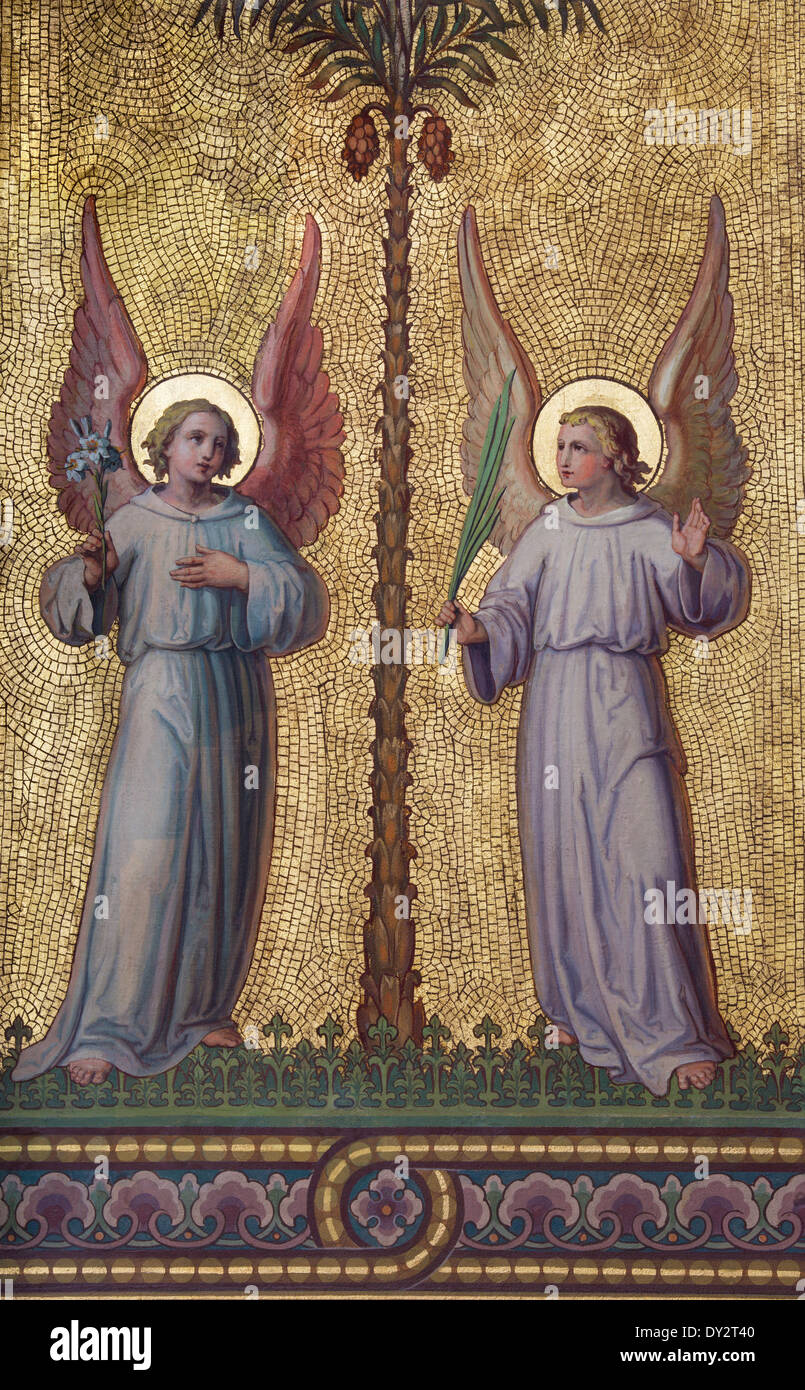 VIENNA, AUSTRIA - FEBRUARY 17, 2014: Fresco of angels by Josef Kastner 1906 - 1911 in Carmelites church in Dobling. Stock Photo