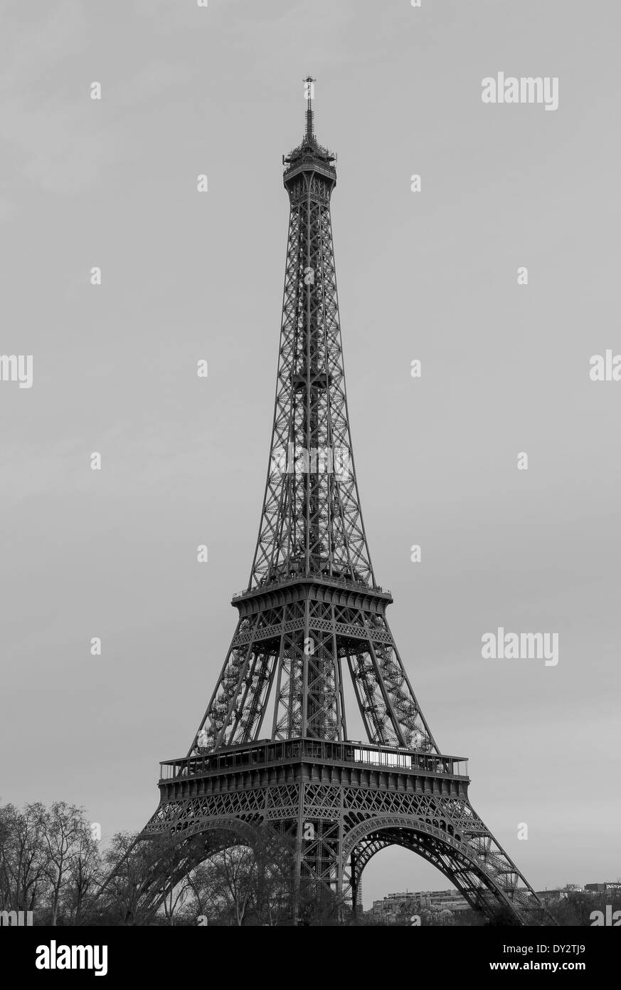 The Eiffel Tower in black and white from the side Stock Photo