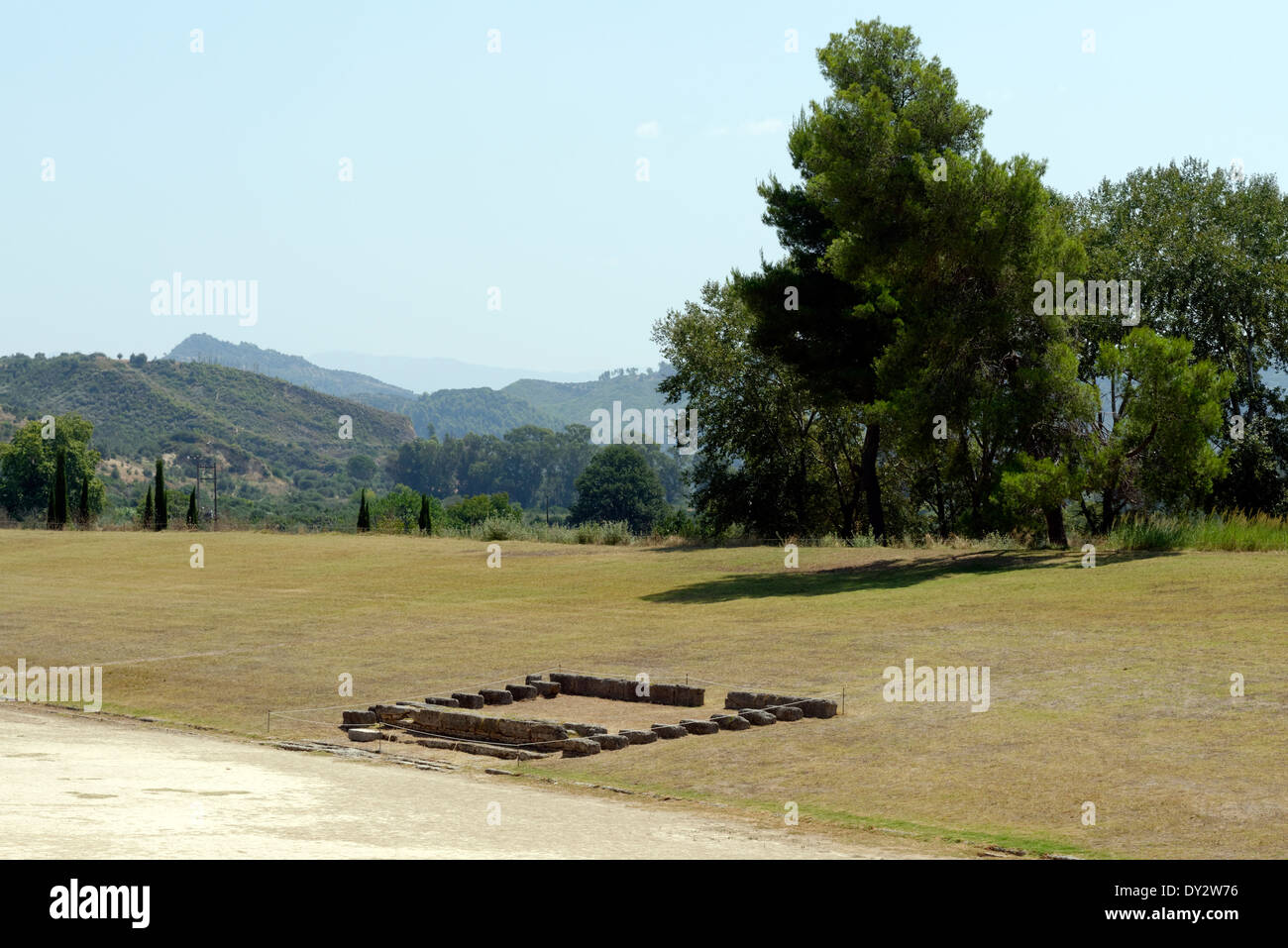 View Exedra Hellanodikai on south embankment Olympic stadium Ancient Olympia Peloponnese Greece The Stock Photo