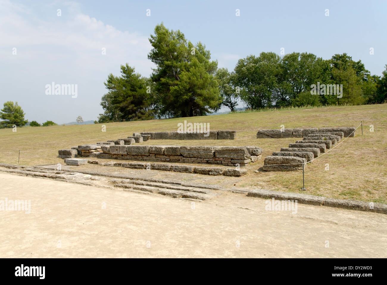 View Exedra Hellanodikai on south embankment Olympic stadium Ancient Olympia Peloponnese Greece The Stock Photo