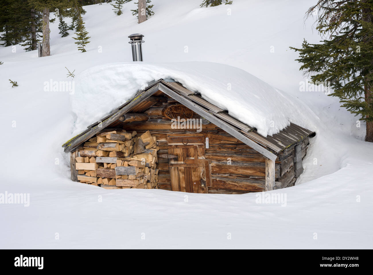 Old log cabin in Oregon's Wallowa Mountains. Stock Photo
