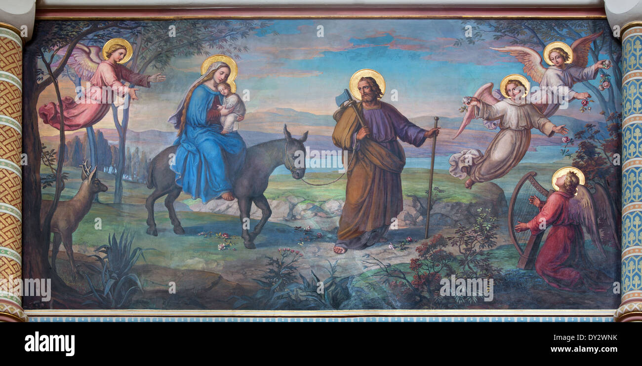Vienna - Flight of holy family to Egypt fresco by Josef Kastner from 1906 - 1911 in Carmelites church in Dobling. Stock Photo