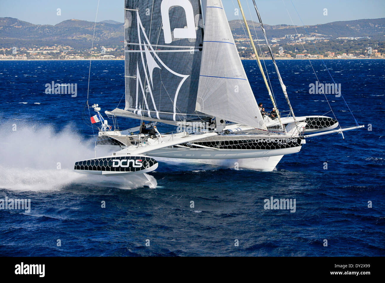 Aerial photo shoot of l'Hydroptere DCNS, Alain Thebault and his crew