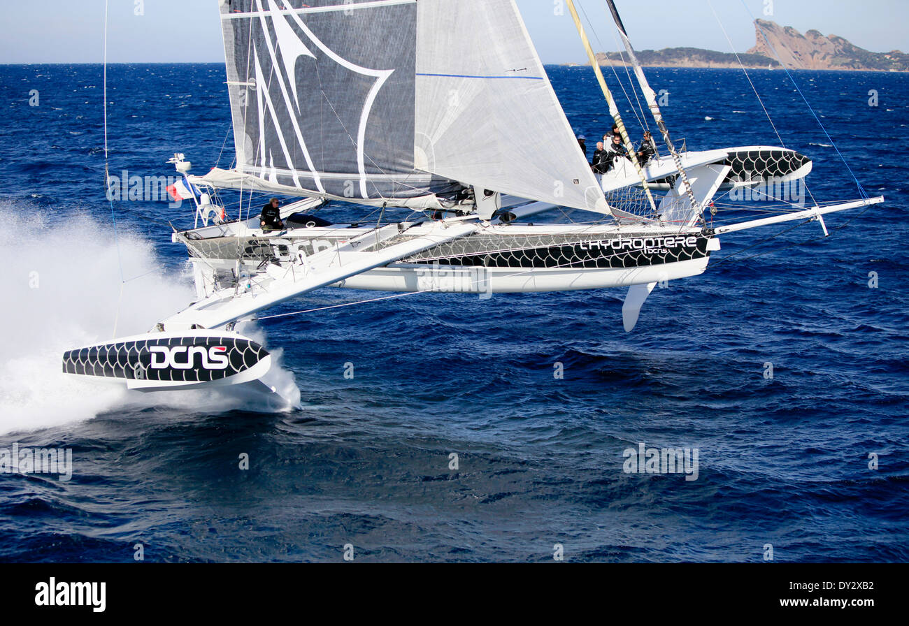 Aerial photo shoot of l'Hydroptere DCNS, Alain Thebault and his crew