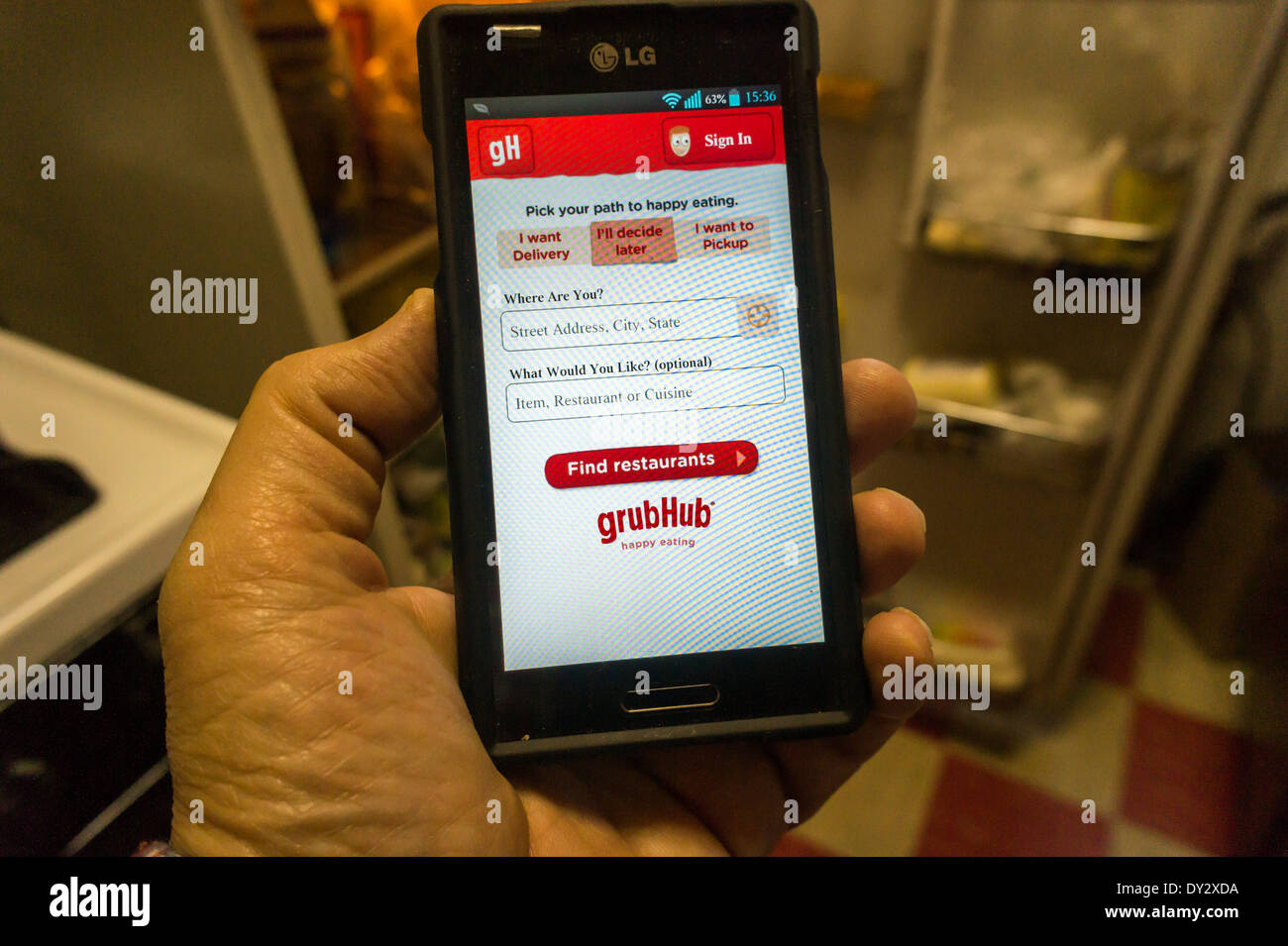 The GrubHub food delivery services app is seen on an Android